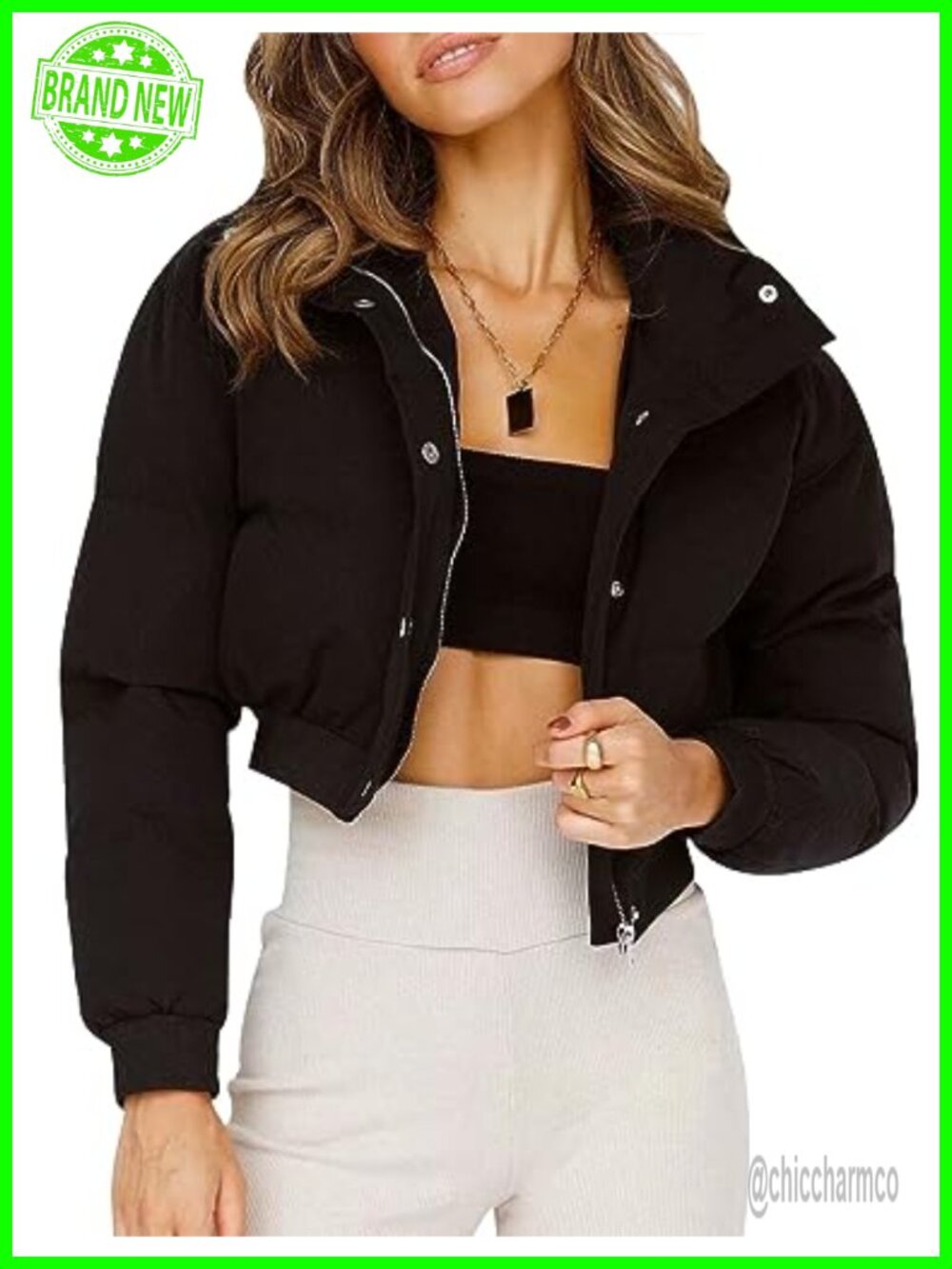 Cropped Puffer Jacket Quilted Bubble Coat Zip Snap Winter